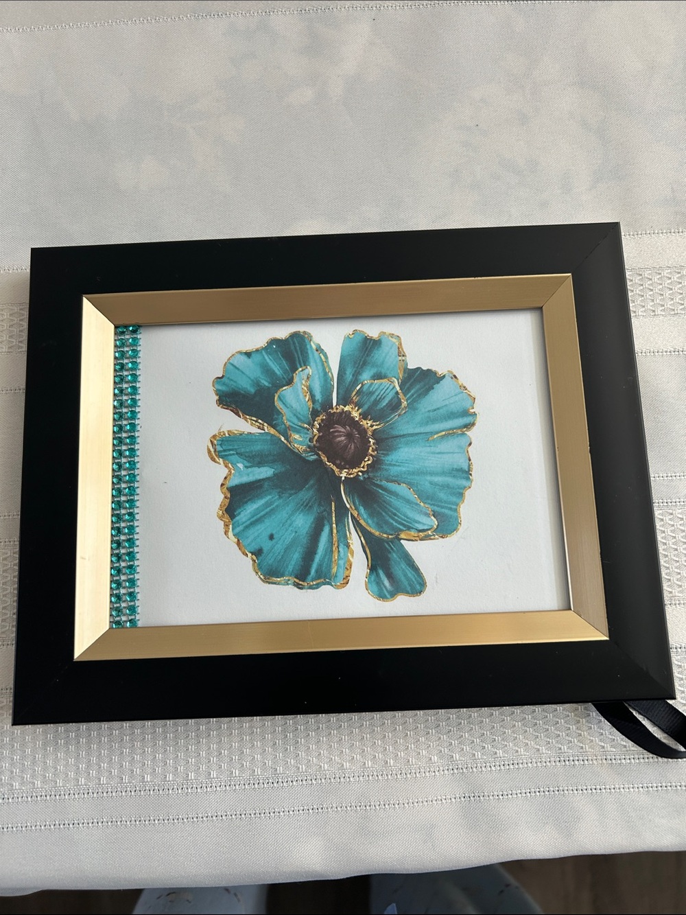 New Teal Floral Black Frame with Gold Trim